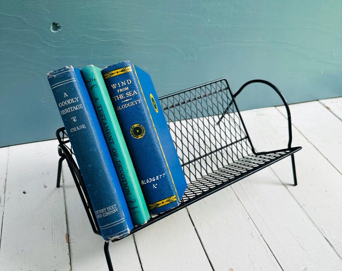 Vintage Mid Century Atomic Magazine Rack Black Metal Mesh Book Holder Record Stand 1950s 1960s Wire Book Shelf Tabletop