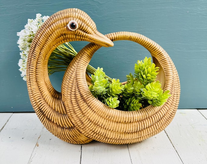 Vintage 1980s Atlantic Mold Ceramic Goose Planter, Ceramic Basket Bird Flower Pot, Vintage Basket Pottery, Bohemian Home Decor