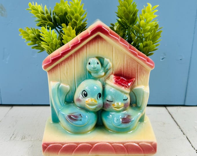 Vintage Shawnee Pottery Lovebirds Planter, Birds Wall Pocket, Kitschy Bird Decor, Mid Century Decor, 1950s Pottery