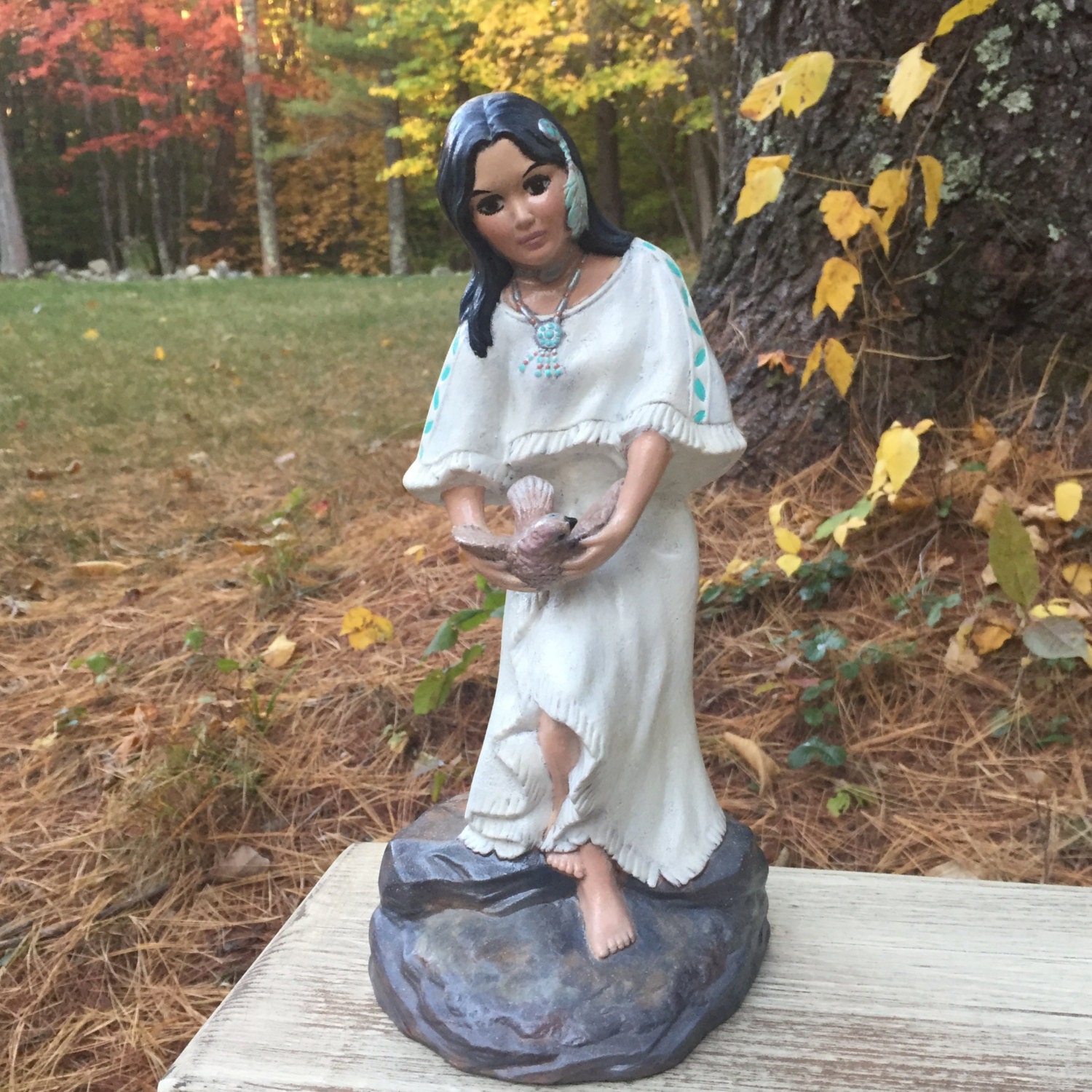 Vintage Native American Indian Woman Ceramic Statue with Bird, Native
