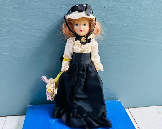Vintage 1950s Virga Gibson Girl Doll #473 Beehler Arts 8 Inch Hard Plastic Doll Original Black Dress Hat Parasol Vintage Fashion Doll