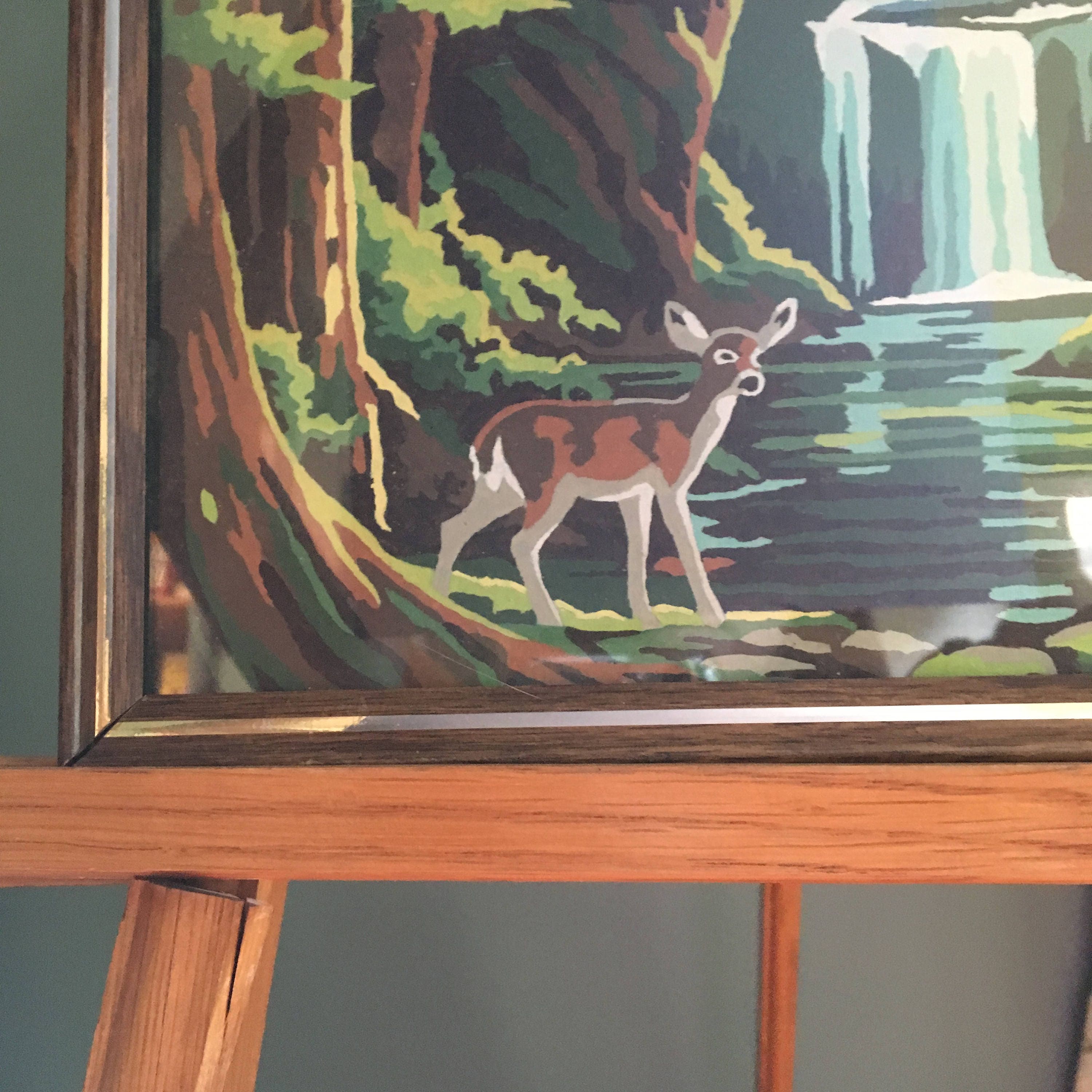 Vintage Paint by Number Deer and Waterfall Scene, Framed Paint by