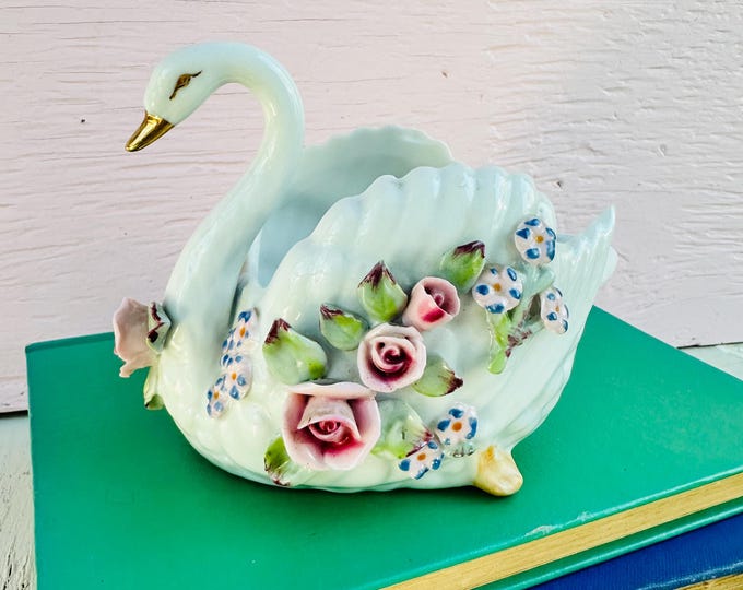 Vintage 1950s Porcelain Swan Planter with Applied Floral Decorations