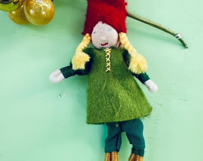 Vintage Nordic Fairy Girl Gnome Christmas Ornament Blonde Haired Girl Spun Cotton Felt Gnome Girl Vintage Woodland Christmas Decor