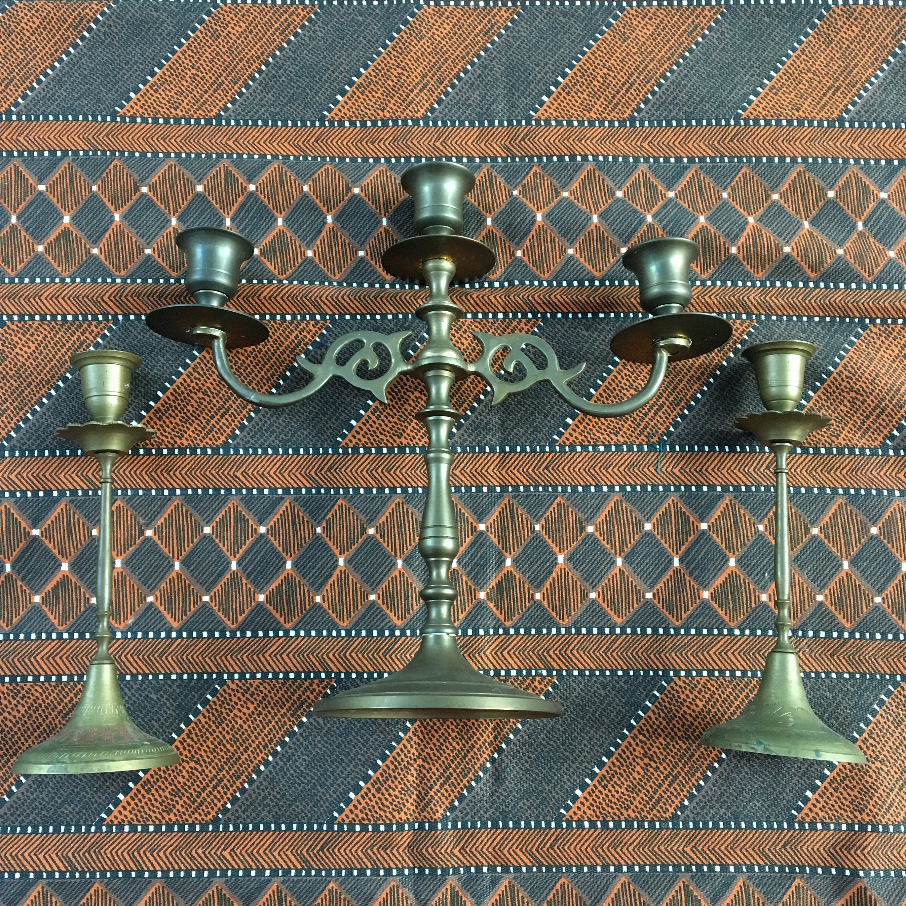 Vintage Brass Candelabra and Brass Candlesticks, Three Piece Brass