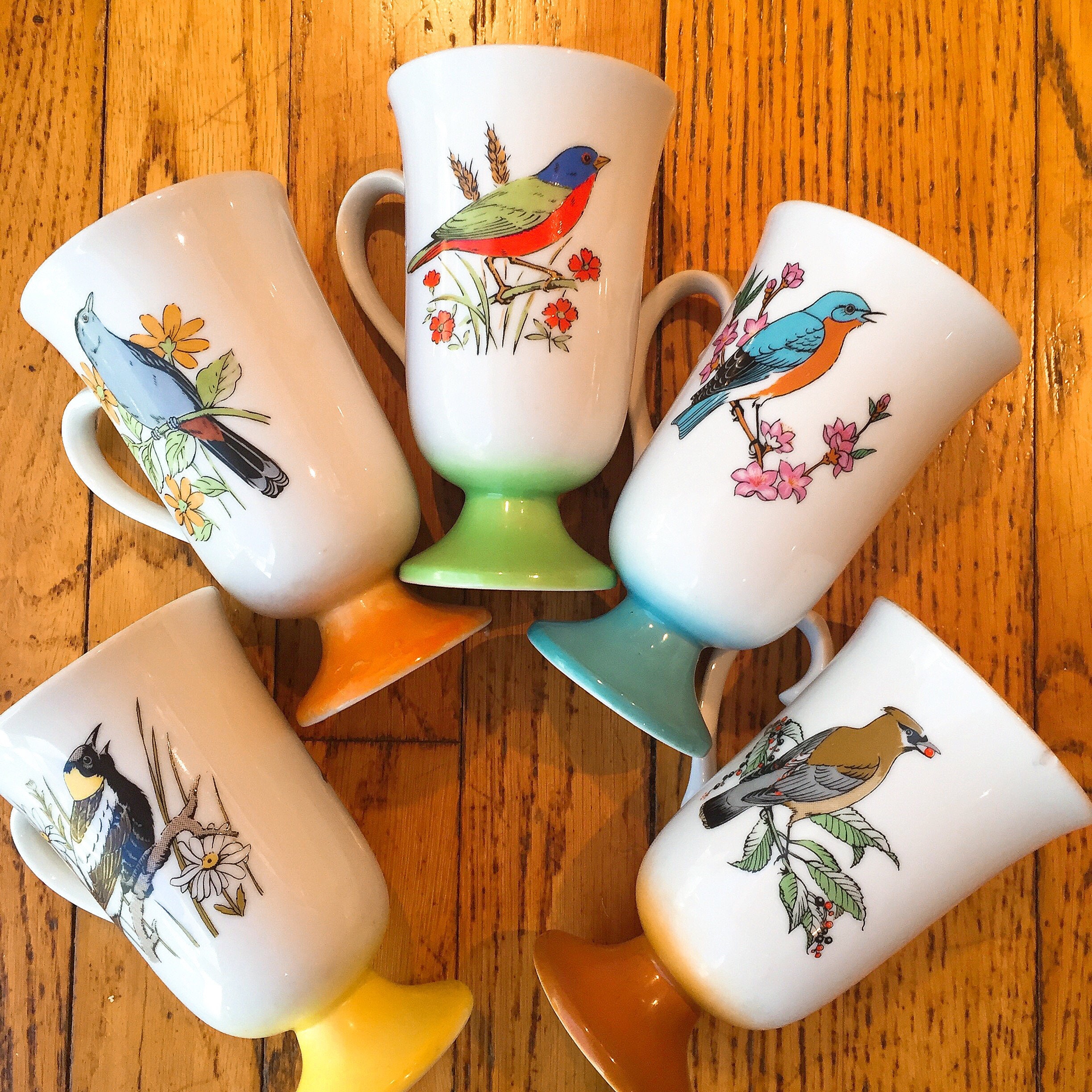Vintage 1950s Bird Coffee Mugs, Set of Five, Mid Century Bird Pedestal