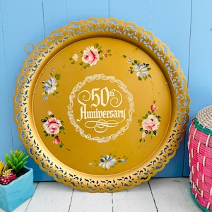 Vintage 1950s Nashco 50th Wedding Anniversary Serving Tray, Hand-Painted Metal Ornate with Roses
