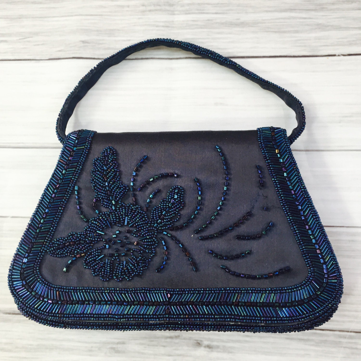Vintage 1950s Navy Beaded Handbag, Magid Japan Purse, Dressy Holiday