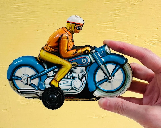Vintage West Germany Tin Lithograph Motorcycle Toy Friction Racer Blue Motorbike Litho Metal Toy Collectible Motorcycle Decor 6.5 Inch
