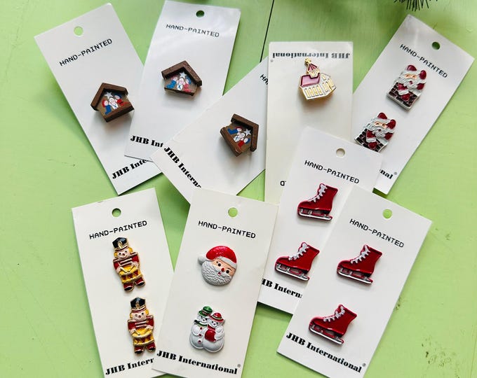 Vintage Christmas Button Lot JHB International Santa Snowman Manger Church Ice Skate Toy Soldier Xmas Crafting Buttons Enamel