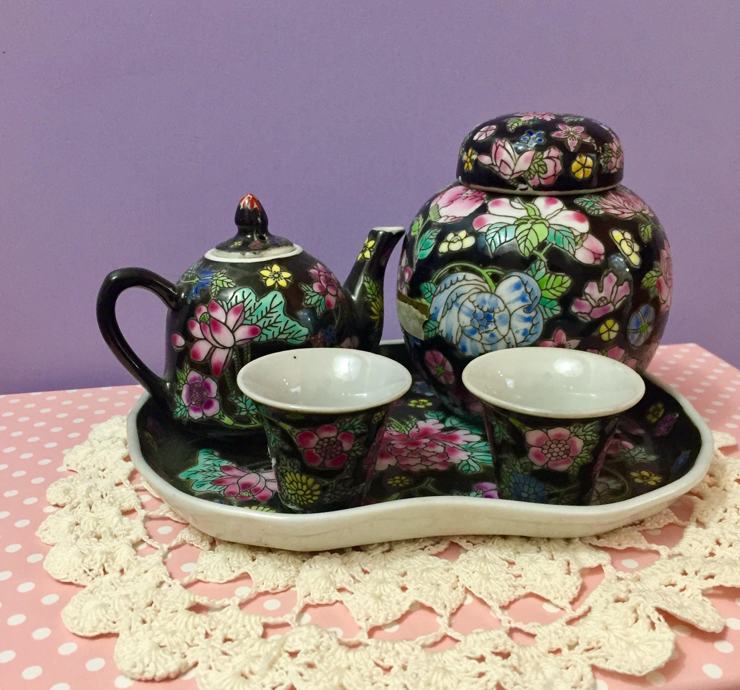 Vintage Chinese Black Floral Children's Tea Set, Chinese Miniature Tea Set, Vintage Asian Decor