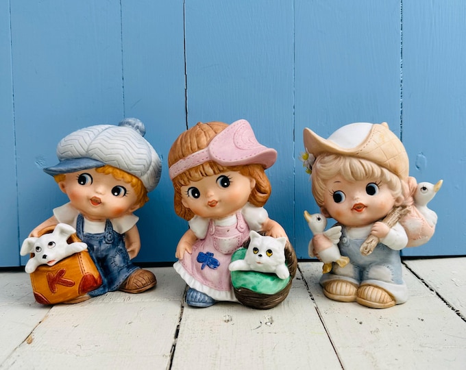 Vintage 1980s Homco Children with Animals Figurines, Set of Three, 5.5 inches, Children's Room Decor