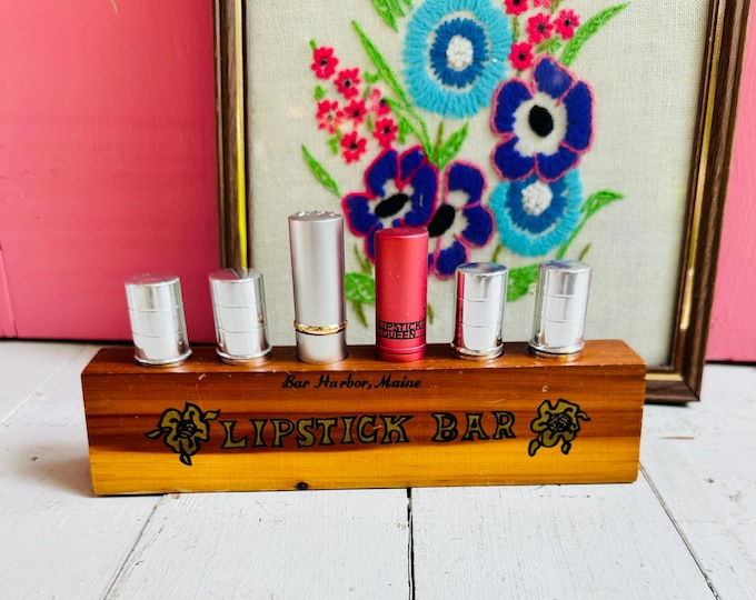 Vintage 1970s Wooden Lipstick Bar, Vintage Maine Souvenir Lipstick Bar, Vintage Souvenir collectibles state of Maine, Vintage Vanity Decor