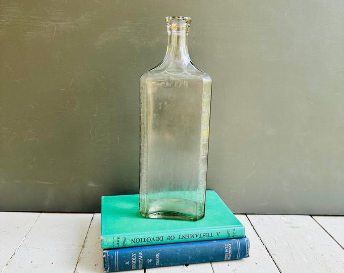 Vintage Apothecary Measuring Bottle | Embossed Laboratory Glass with Diamond Maker’s Mark | 11” Industrial Decor
