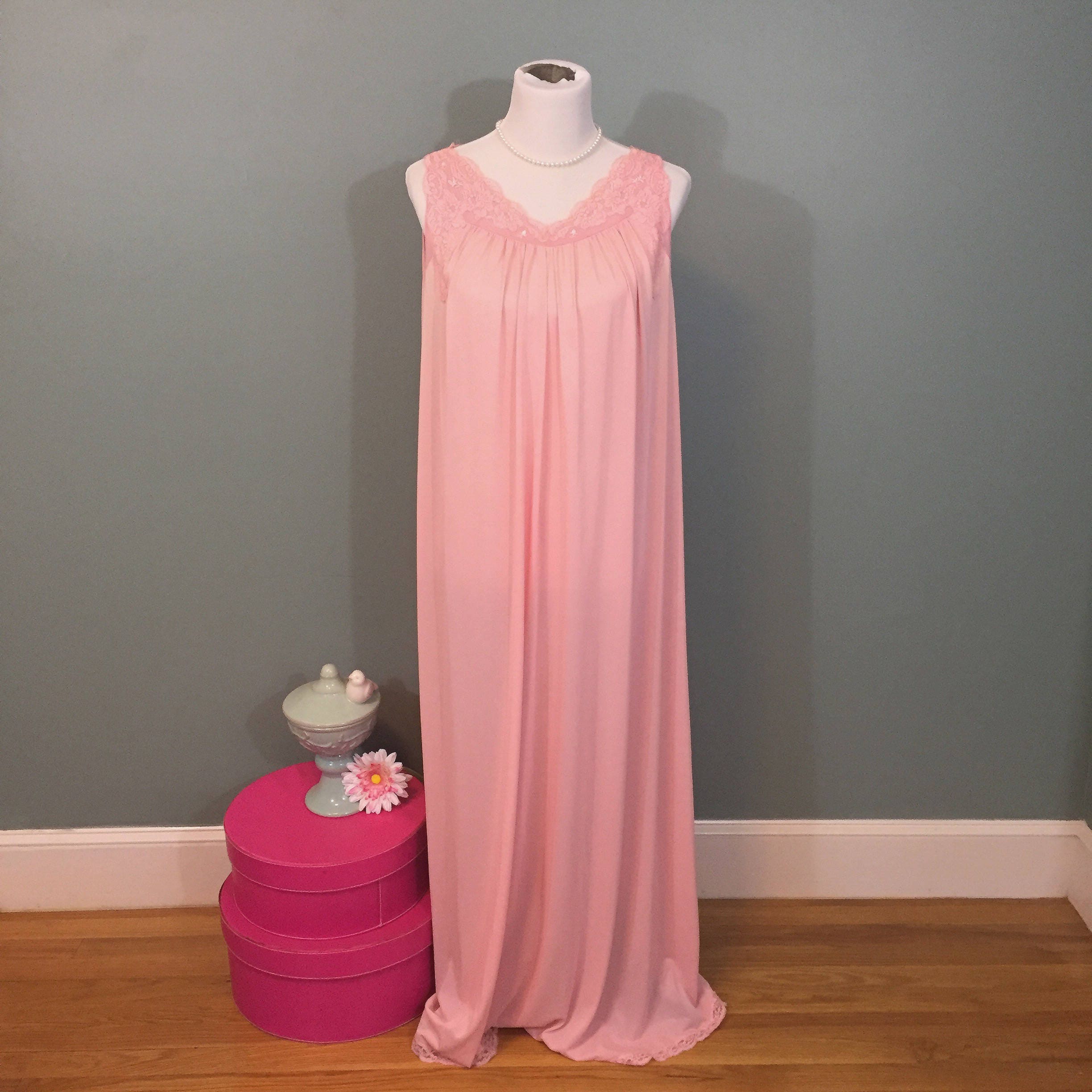 Vintage 1960s Shadowline Nightgown Women S Size Large Pink Vintage Long Nylon Maxi Nightgown