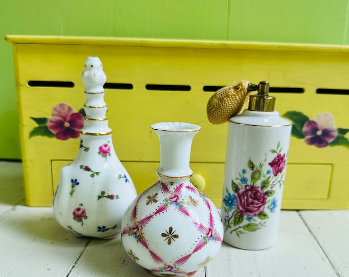 Vintage Trio of Vanity Jars, Vintage Nantucket Vanity Jar, Vintage Atomizer, Vintage Floral Bathroom Decor, Vintage Perfume Jars