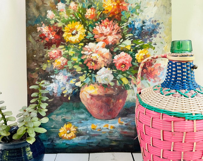 Vintage 1950s Floral Painting, Mid Century Painting on Canvas, Vintage Flower Bouquet Painting, Vintage Artwork, Mixed Bouquet Floral Art