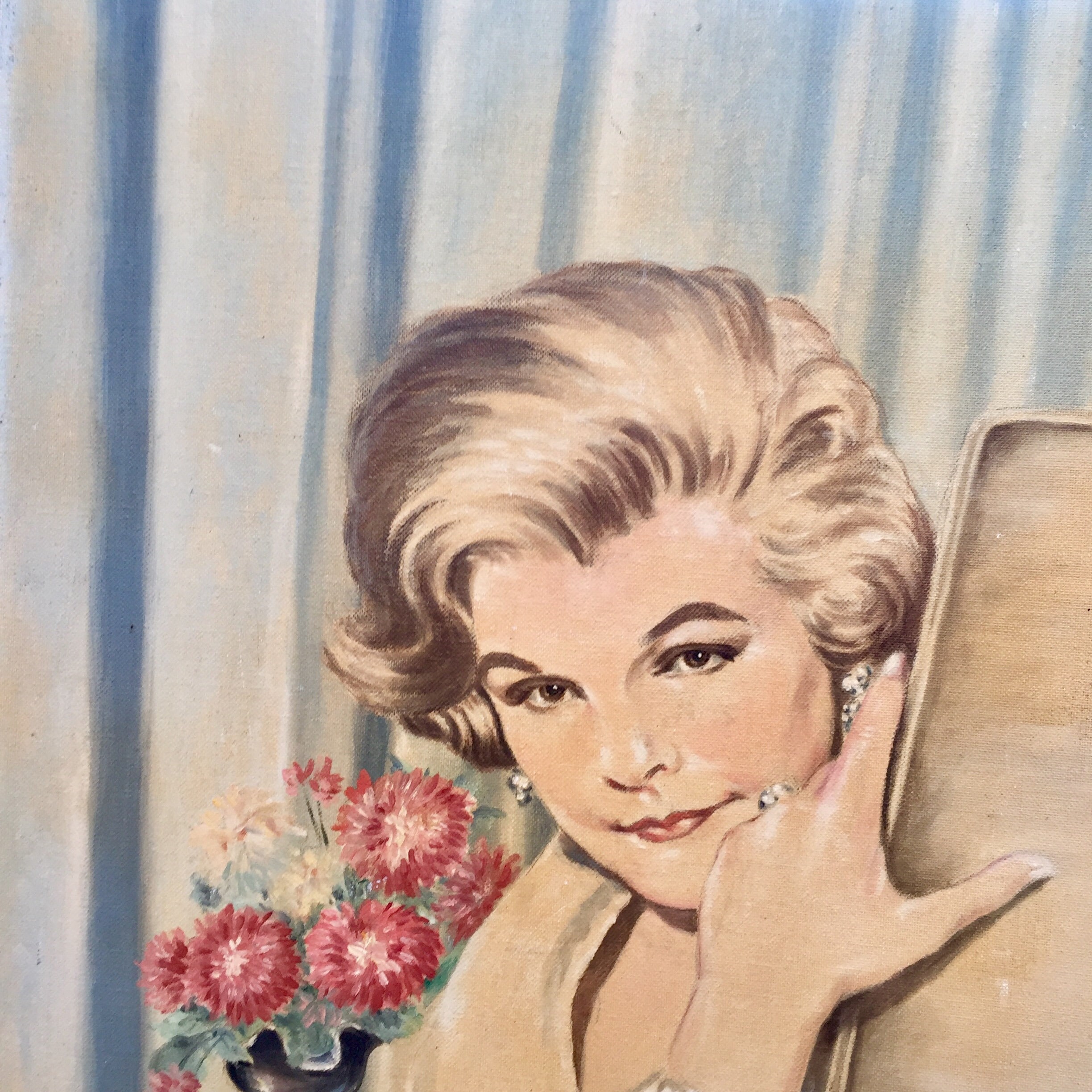 Vintage Mid Century Original Portrait Painting, 1950s Portrait