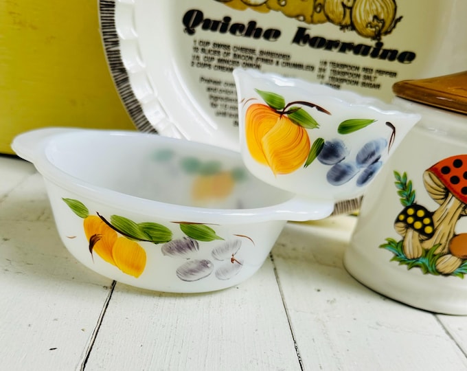 Vintage Fire King Gay Fad dish, Set of Two, 1 pt bowl, 6 ounce bowl, Fire King Peaches and Grapes Dishes, vintage fruit pattern dishes
