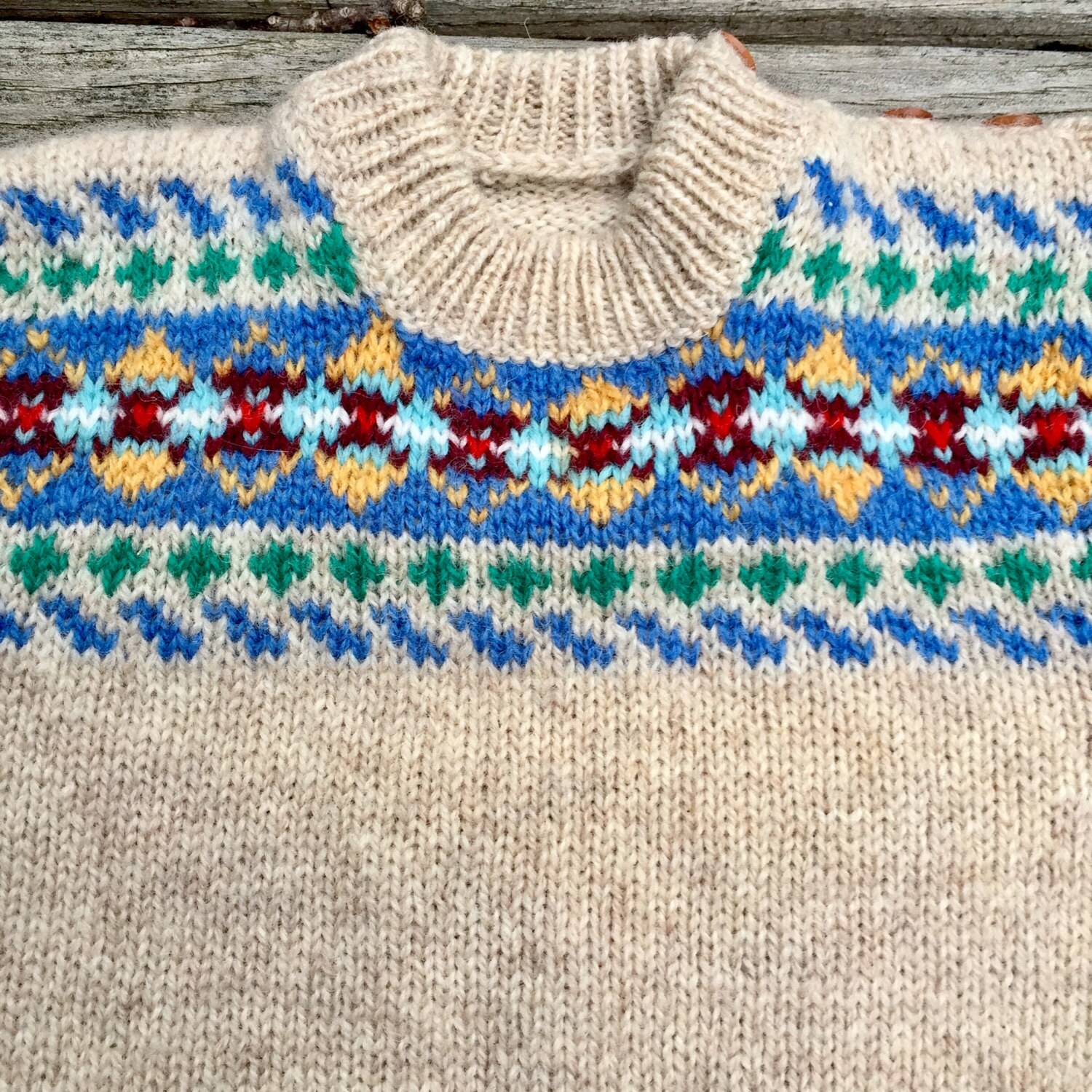 Vintage Child Wool Sweater Oatmeal with Fair Isle Style Details, 1218