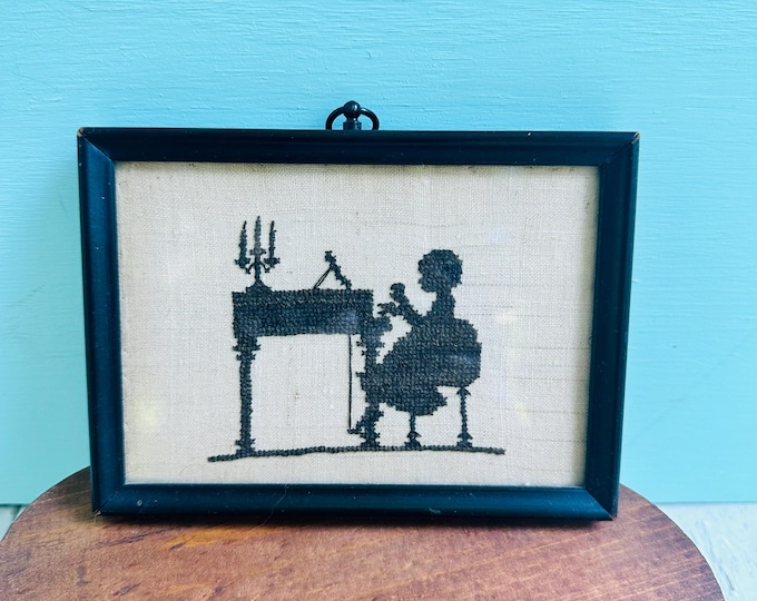 Vintage Silhouette Cross Stitch Framed Needlework Colonial Woman at Writing Desk Blackwork Embroidery Primitive Wall Decor
