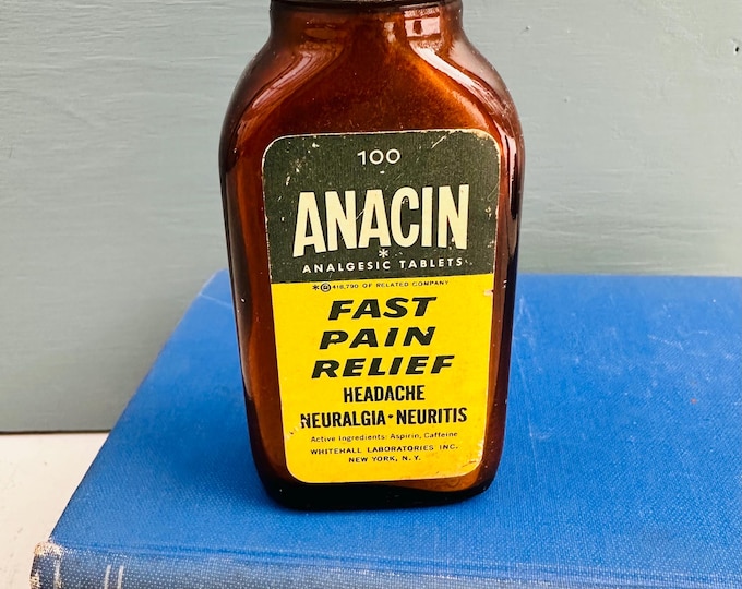 Vintage 1960s Anacin Amber Glass Bottle Whitehall Metal Lid