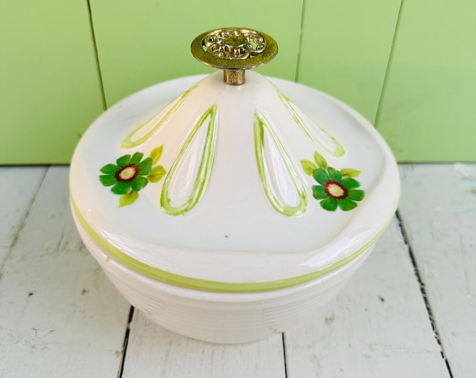 Vintage Rare Mid Century Large Covered Bowl with Green Daisy Flowers and a Brass Handle