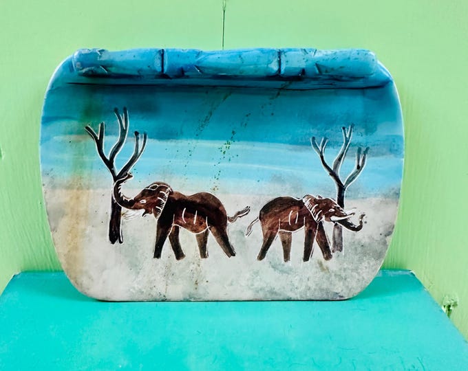 Vintage Soapstone Elephant Plaque Hand Painted Carved Stone Folk Art African Style Elephant Decor