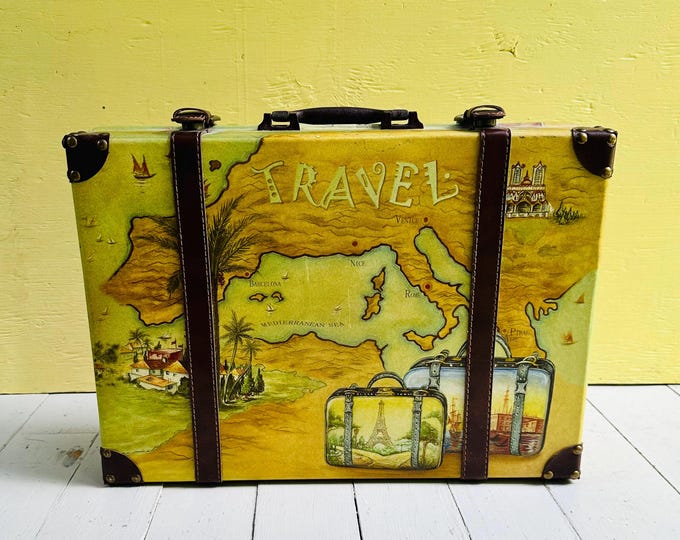 Vintage Decorative Travel Suitcase, Vintage Suitcase, Vintage Travel Decor, Vintage Map Decor, Vintage Map Suitcase, Vintage Luggage