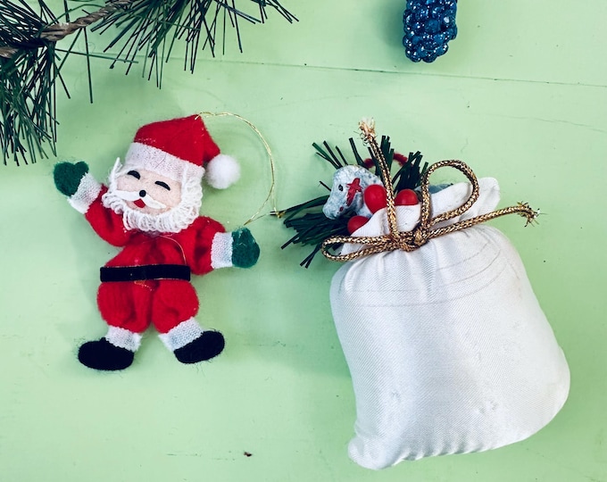 Vintage 50s Spun Cotton Santa Ornament Toy Bag Ornament Set Mid Century Santa Ornament Vintage Kitschy Christmas Decor 60s Xmas Ornaments