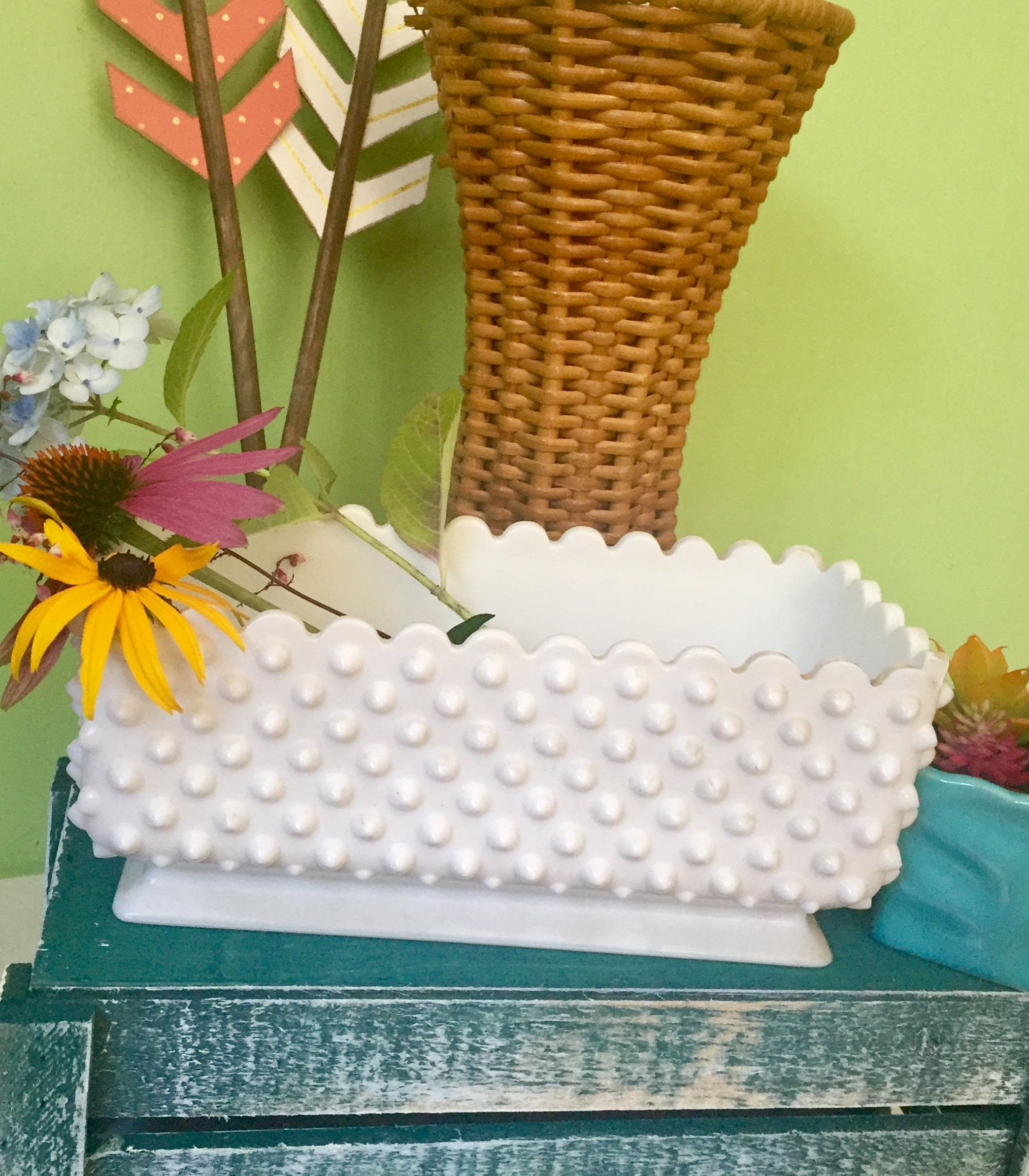Vintage White Milk Glass Hobnail Vase, Milk Glass Hobnail Planter, Milk Glass Large Oblong Vase