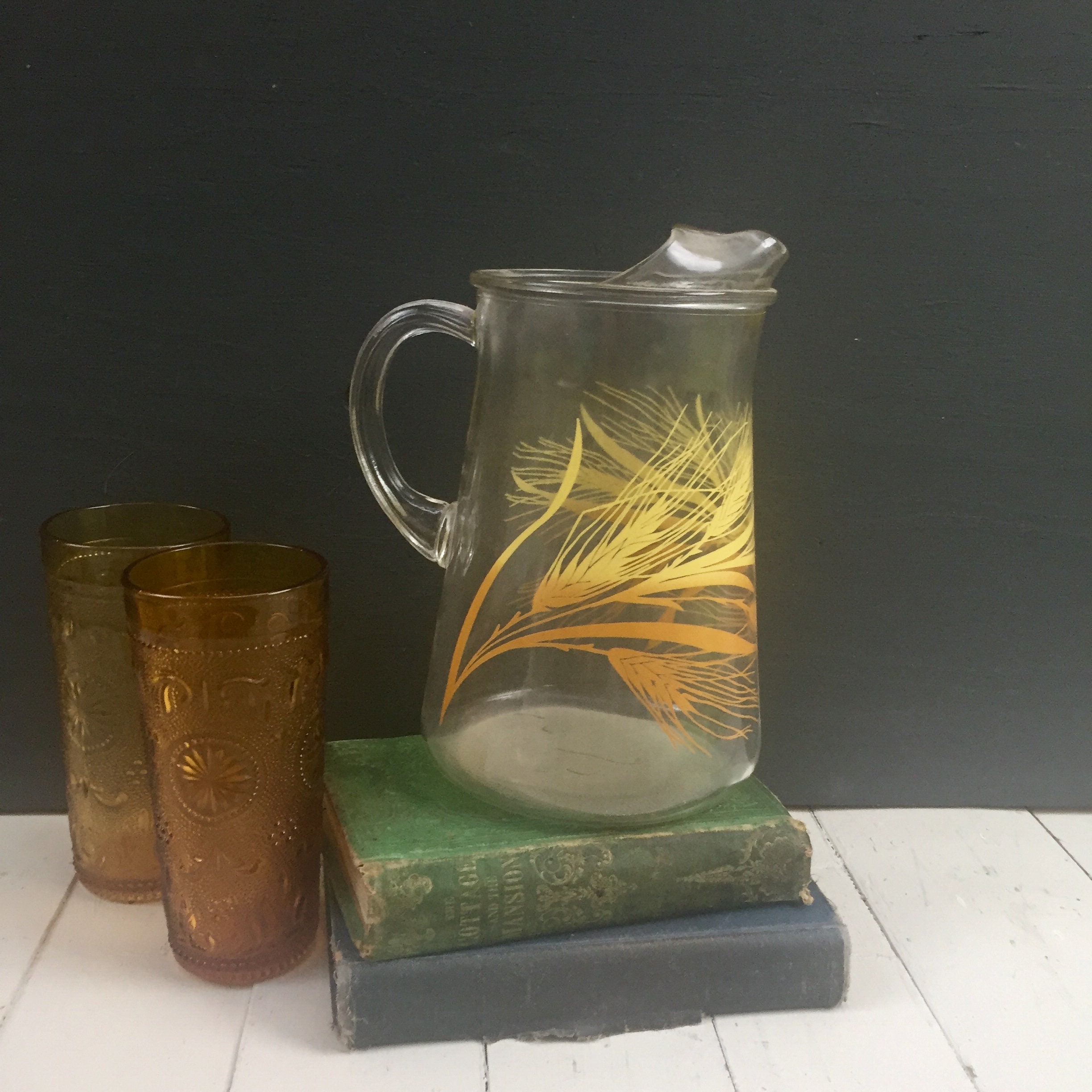 Vintage Glass Juice Carafe, Golden Wheat Pattern, Libbey 