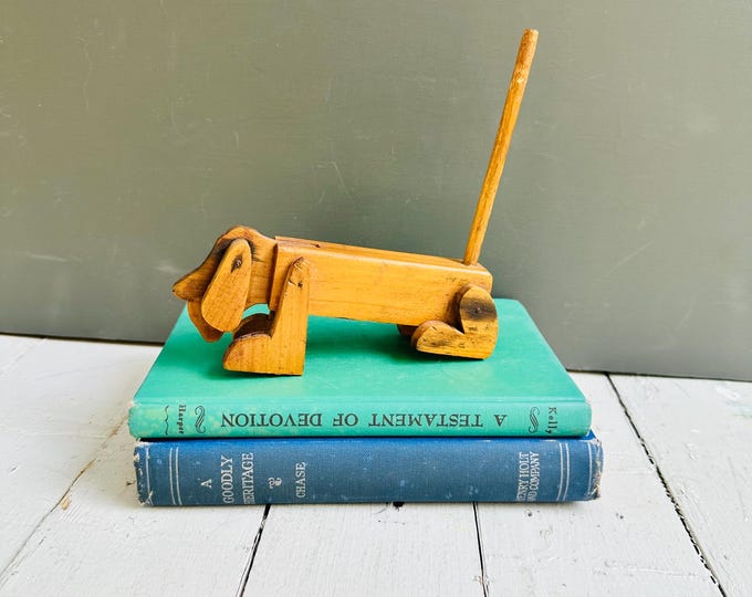 Vintage Wooden Dog Pull Toy | Articulated Folk Art Dachshund | Handmade Mid Century Wooden Animal