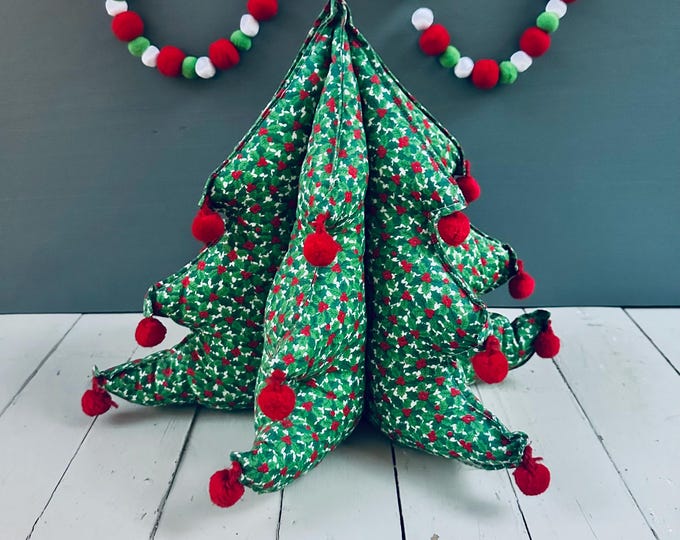 Vintage Fabric Christmas Tree Pillow 14 inches Xmas Tree Tabletop Christmas Tree 3-D Fabric Christmas Tree Vintage Christmas Decor