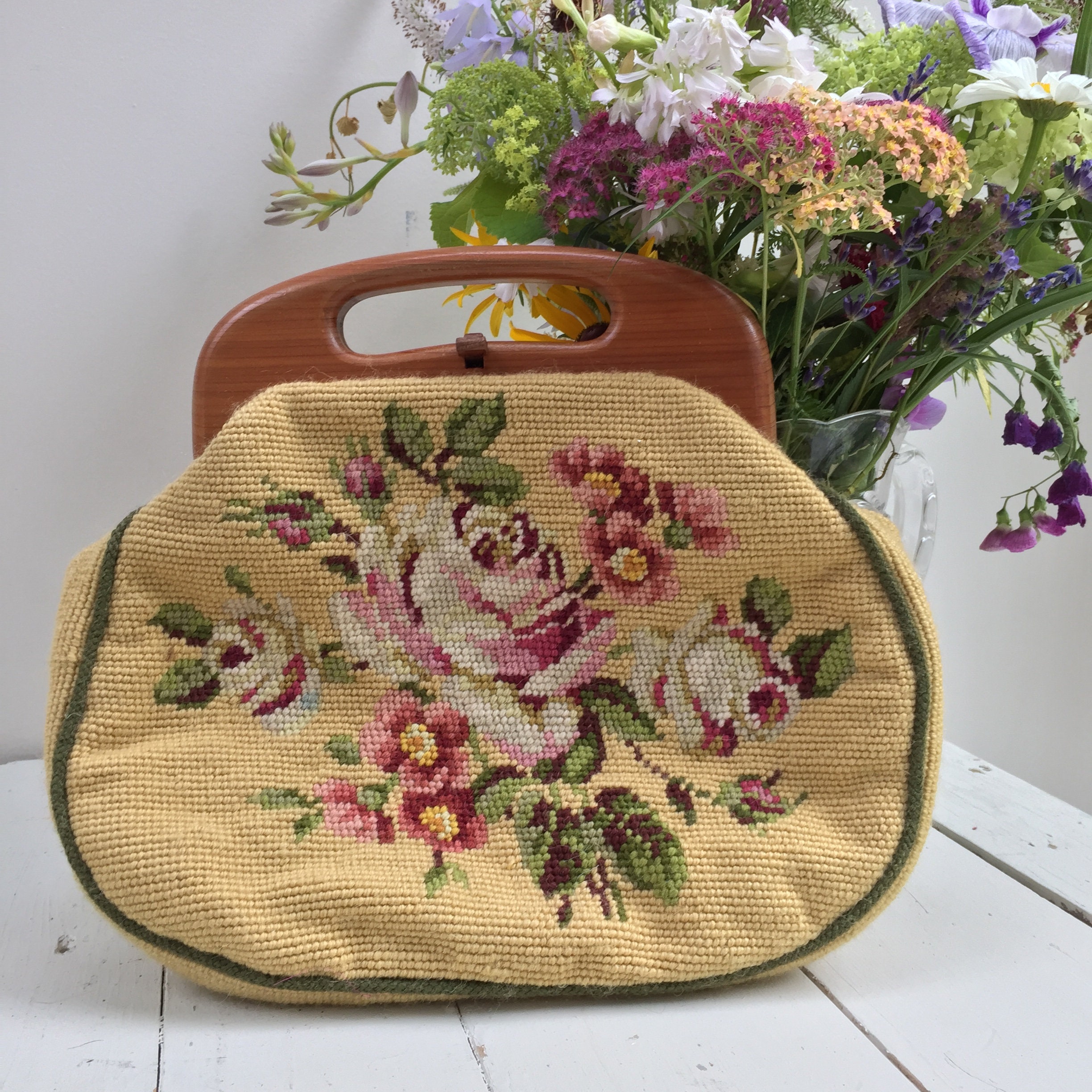 Vintage 1970s Floral Needlepoint Handbag, Vintage Embroidered Handbag with  Wooden Handles