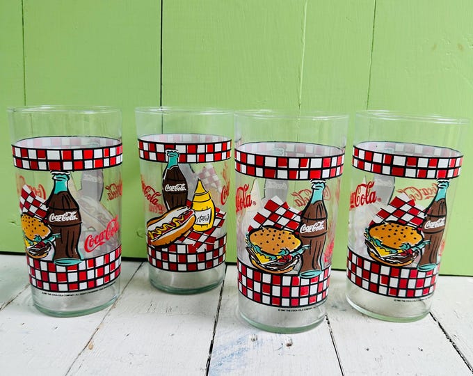 Vintage Coca Cola Diner Glasses Set of 4 Original Box Indiana Glass 1997 Coke Tumblers Hamburger Hot Dog Picnic Checkered Pattern