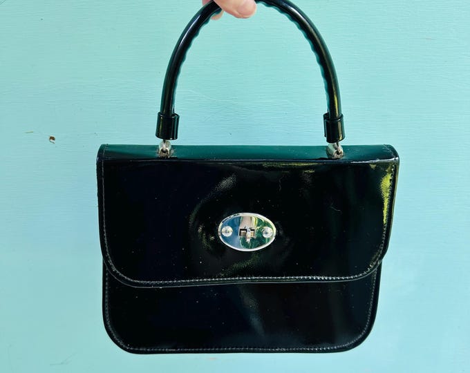 Vintage 1960s Black Patent Handbag Structured Top Handle Purse Mod Kelly Bag Silver Turn Lock