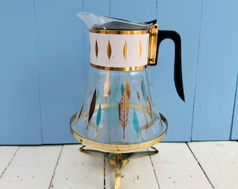 Vintage MCM David Douglas Coffee Carafe with Percolater, Turquoise Gold Leaf Atomic Pattern