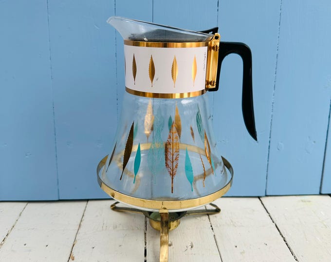Vintage MCM David Douglas Coffee Carafe with Percolater, Turquoise Gold Leaf Atomic Pattern