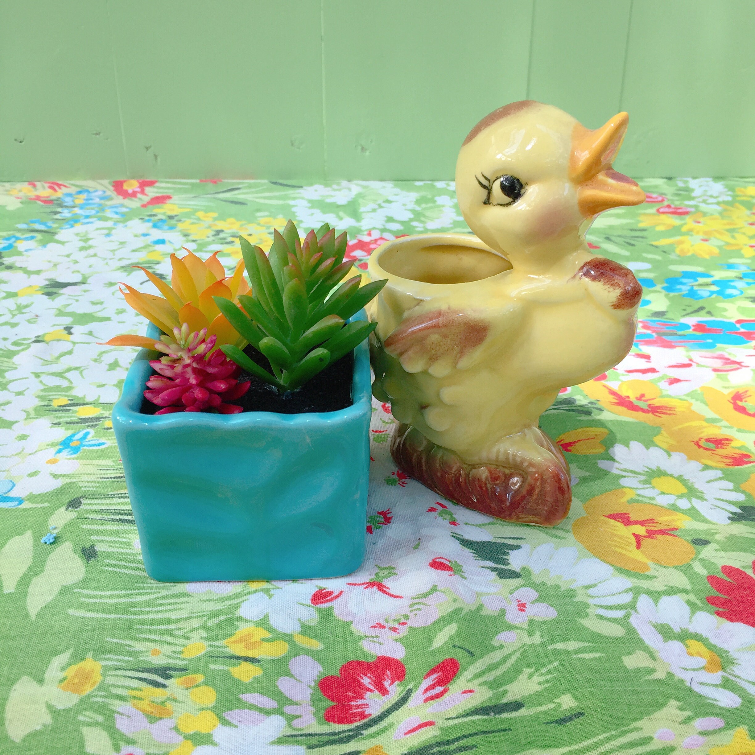 Vintage Duck Planter, Ceramic Yellow Duck Planter, Duck Figurine Knick