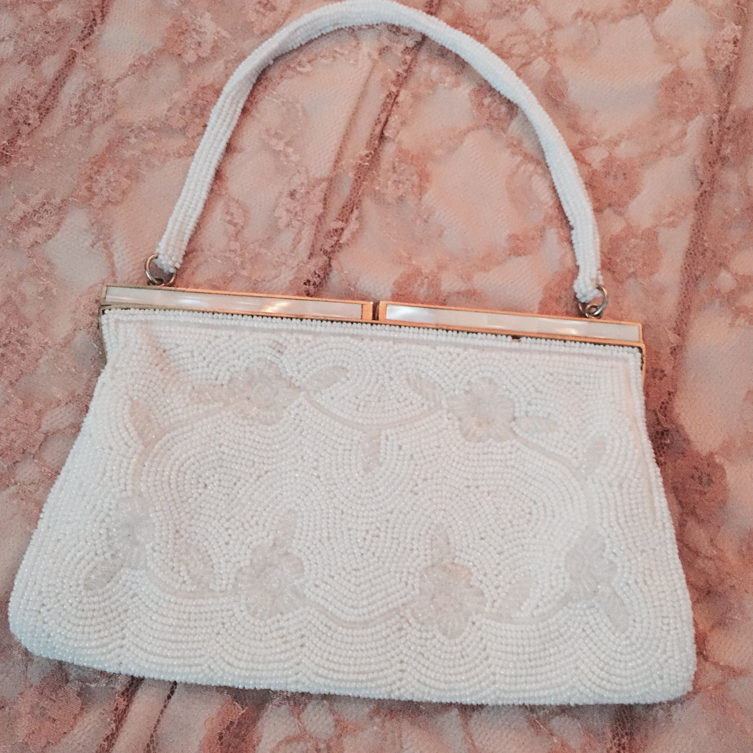 Vintage White Beaded Handbag with Mother of Pearl Clasp, Bridal Purse