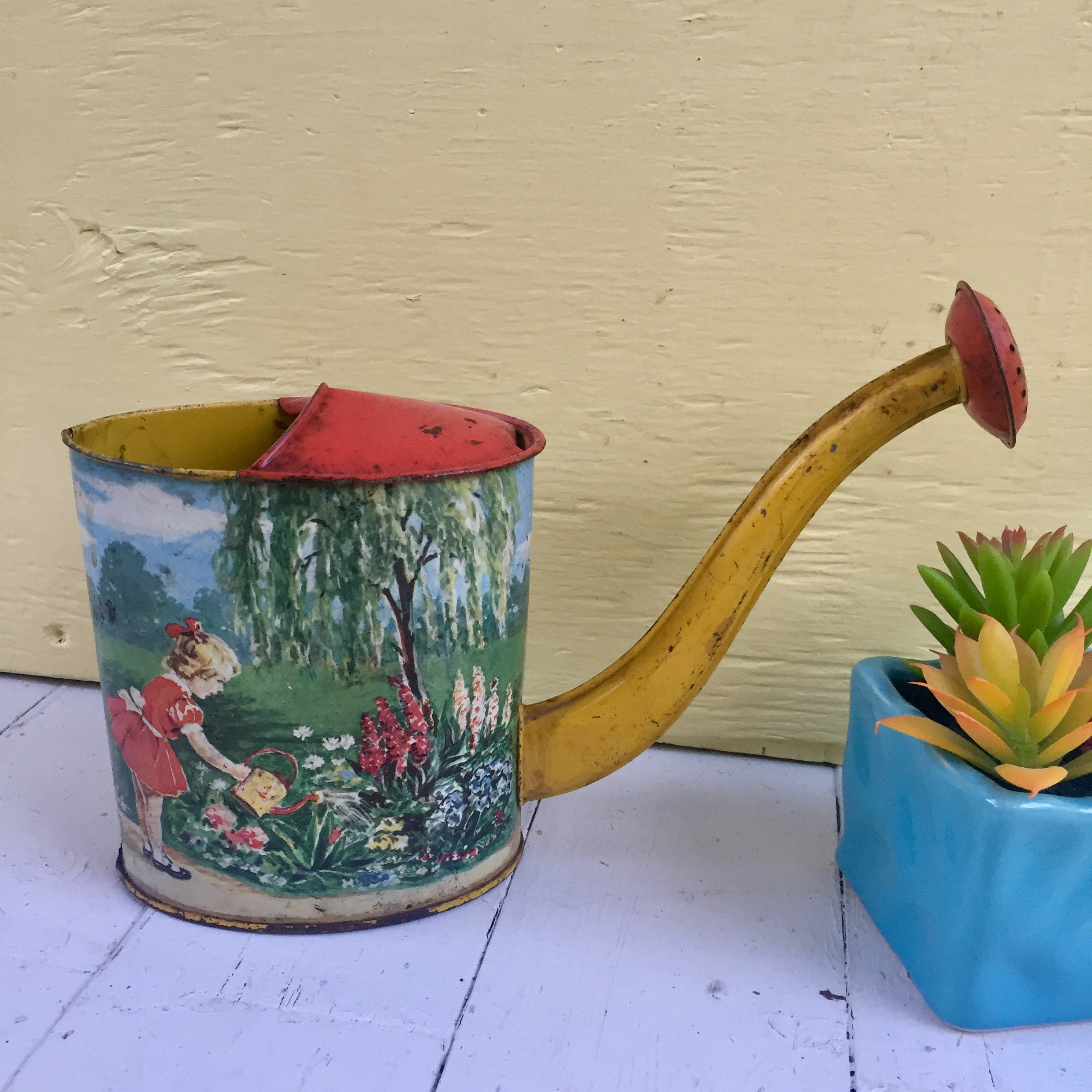 Vintage Tin LItho Watering Can, Vintage Children's Watering Can, Vintage Tin Watering Can