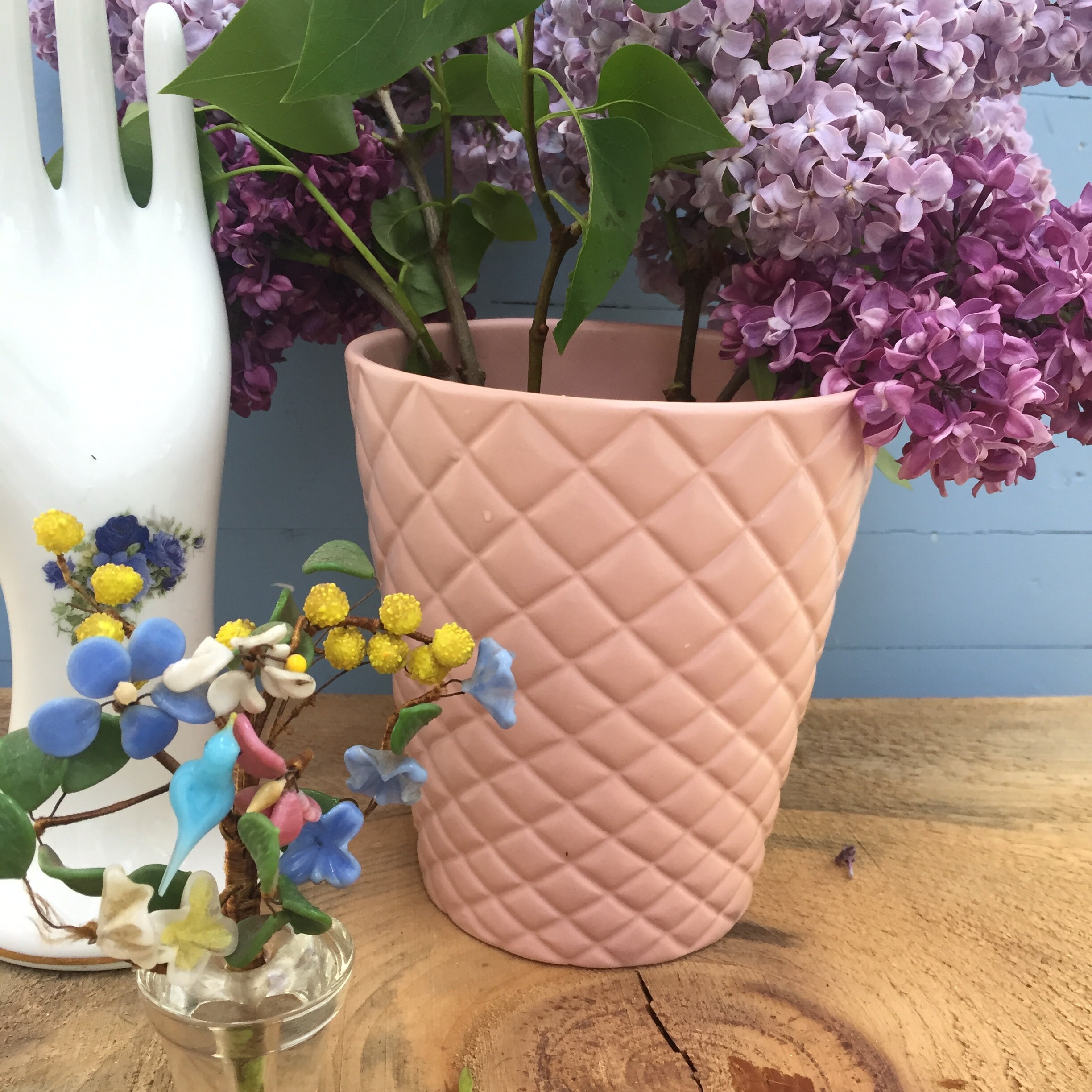 Vintage Pink Flower Pot, Vintage Basketweave Flower Pot, Vintage