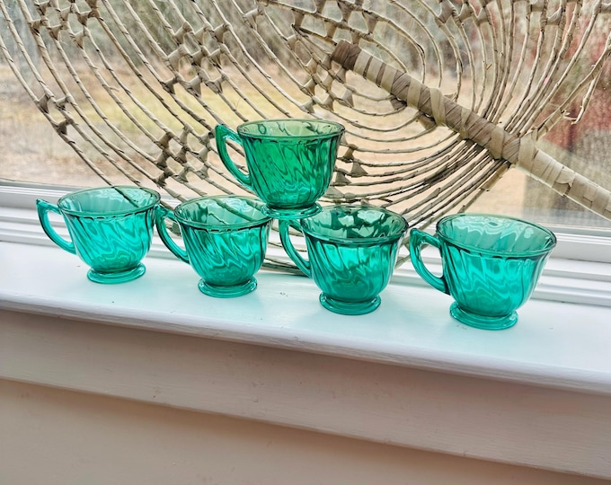 Vintage 1930s Jeannette Swirl Ultramarine Tea Cups Set of Five Depression Glass Cups Green Pressed Glass Cups Lot Replacement Cups