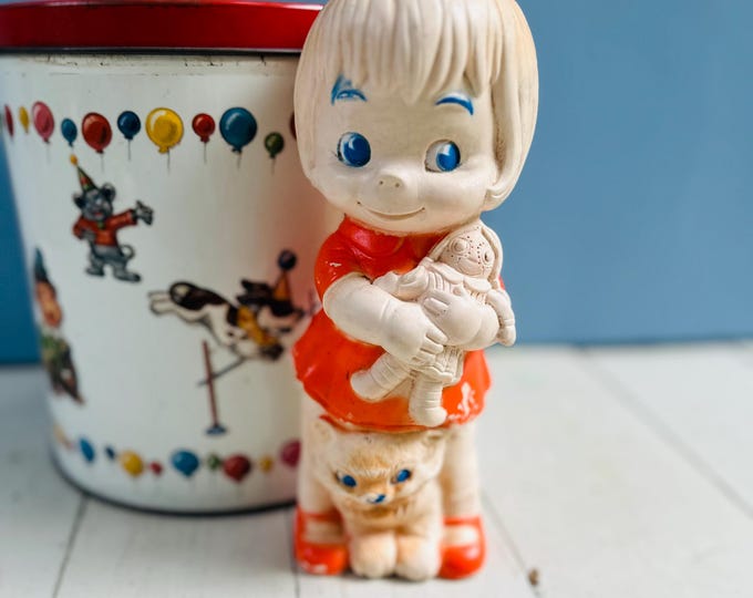 Vintage 1960s Rubber Squeaky Toy Girl with Cat and Doll JL Prescott Working Squeaker Doll Mid Century Toy Collectible Vinta
