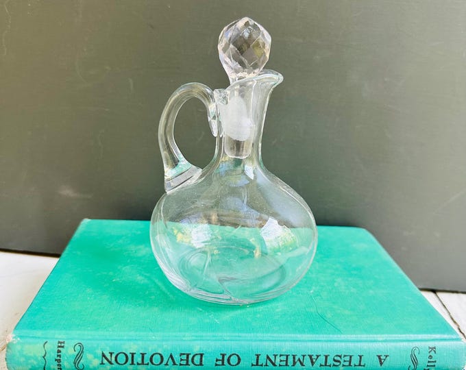 Vintage Glass Cruet Bottle with Stopper | Small Handled Decanter | Elegant Vanity or Bar Cart Decor