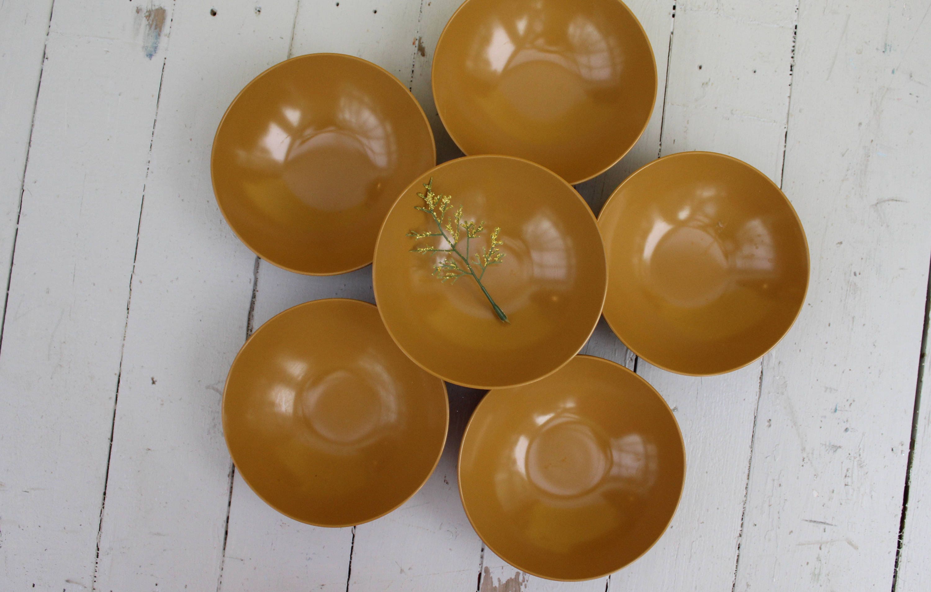 Vintage Melamine Bowls, Set of Seven, Harvest Gold Melamine Bowls