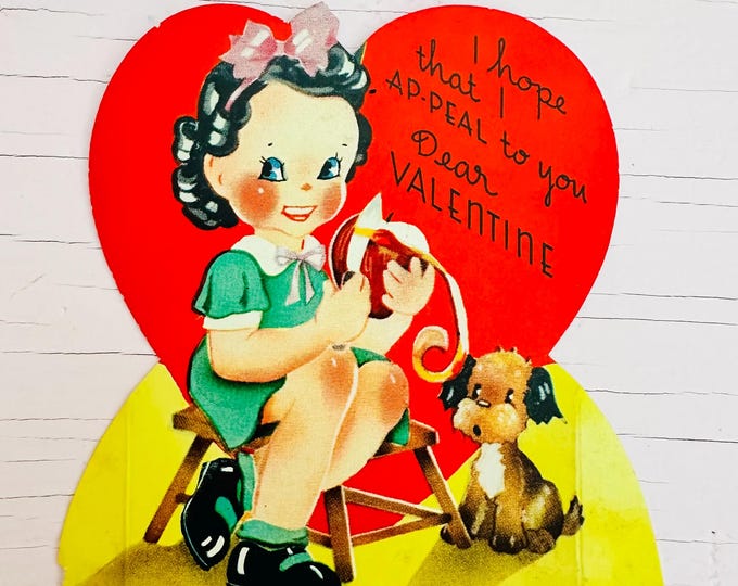 Vintage Valentine's Day Card 1940s Valentine Girl Puppy Dog Valentine Ephemera Vintage Valentine Crafts