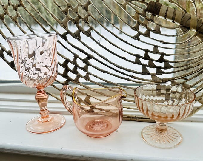 Vintage Pink Depression Glassware French Rosaline Pale Pink Trio Swirl Design Pedestal
