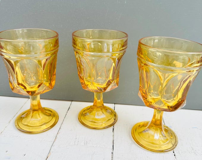 Vintage MCM Anchor Hocking Fairfield Amber Glass Goblets, set of three